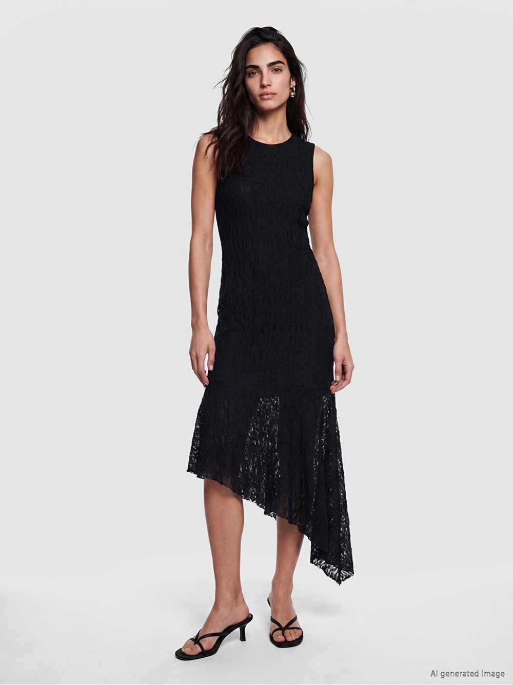 Forever 21 Long Asymmetrical Lace Overlay Black Dress